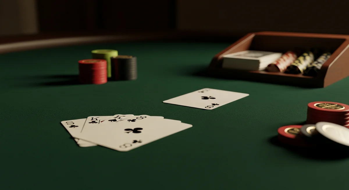 A close-up, low-angle view of a blackjack table showing a player's fanned cards and a dealer's upcard, with a nearly depleted single deck in a card shoe, illuminated by warm low light on deep green felt.
