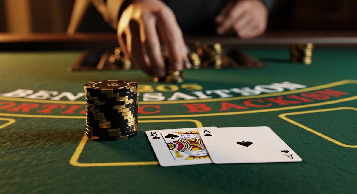 A close-up shot of a player's hand placing a stack of black and gold chips into a betting circle on a deep green blackjack felt, with two face-up playing cards visible.