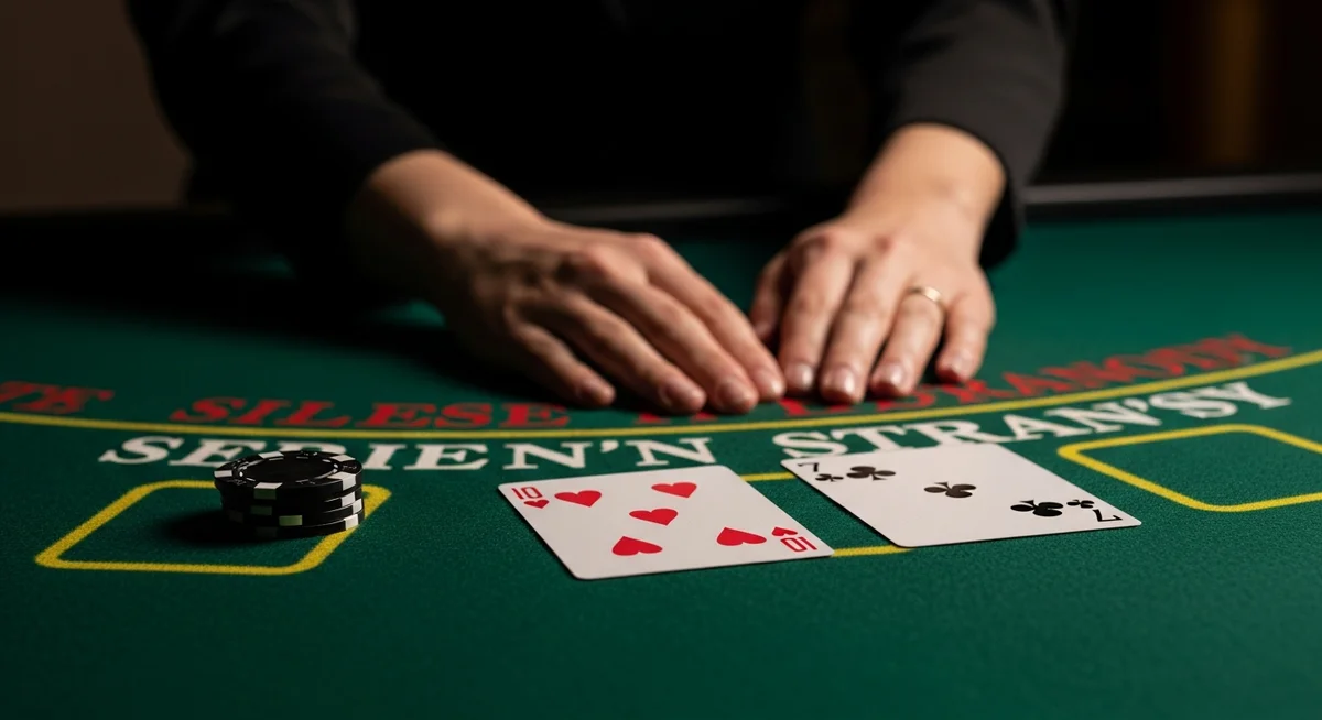 A close-up of a dealer's hands resting behind two playing cards that total 17 on a deep green blackjack felt, with a single black and gold chip nearby.