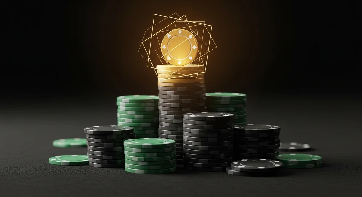 A perfectly ordered stack of deep green and black casino chips with a gold chip on top, subtly overlaid with a glowing geometric pattern representing legal regulation.