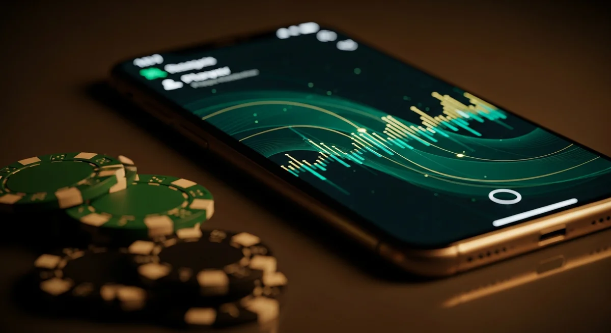 A smartphone screen showing an abstract, data-centric interface with green and gold lines, monitoring gaming activity represented by soft-focus casino chips in the foreground.