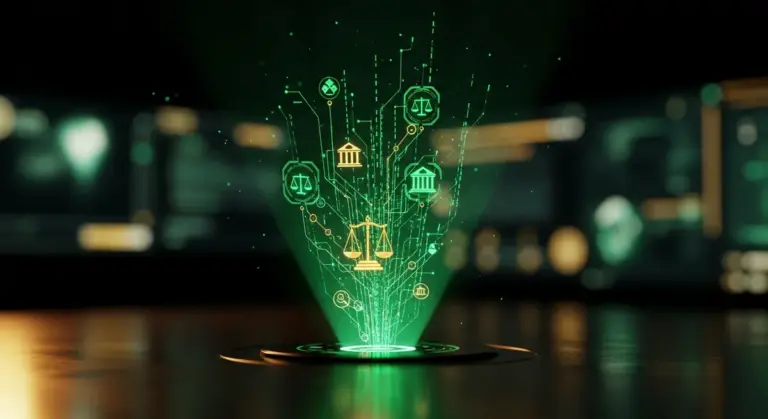 A holographic display of legal icons and circuitry beams upward from a dark, reflective surface against a blurred background