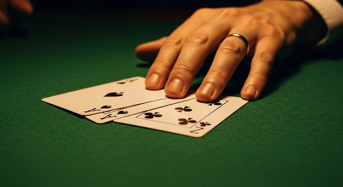 A close-up of fanned blackjack cards on green felt, with a hand poised to act and a soft digital glow in the background, suggesting online play.