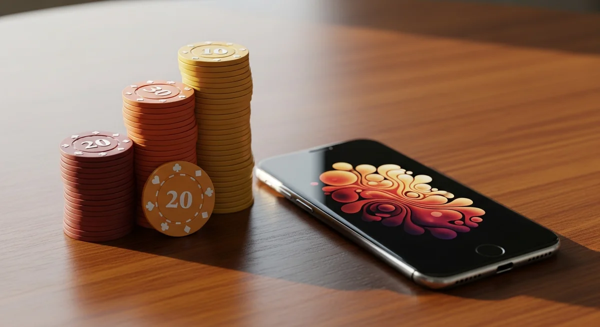 A precisely stacked group of casino chips next to a smartphone displaying an abstract strategic pattern, with playing cards softly blurred in the background, conveying digital assistance.