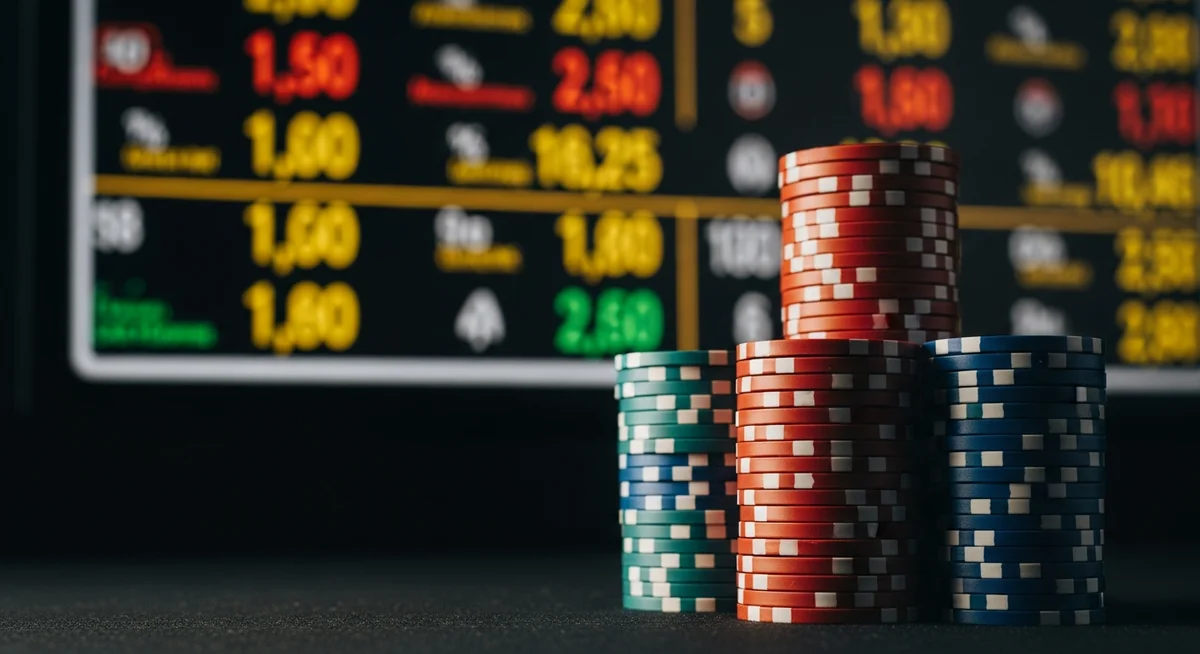 A close-up of a generic sports-betting odds board with a tall stack of casino chips in the foreground, symbolizing advanced strategies and high earnings.