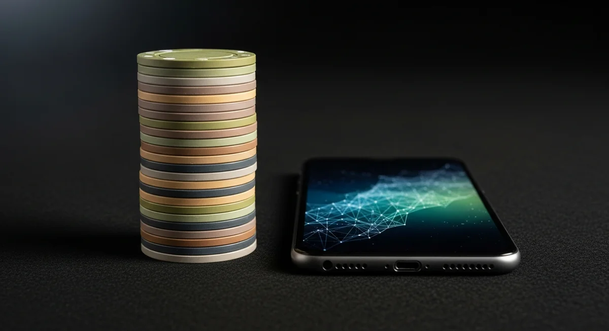 A close-up of a finite stack of casino chips on felt next to a smartphone displaying an abstract digital interface, symbolizing the limits of matched betting earnings.