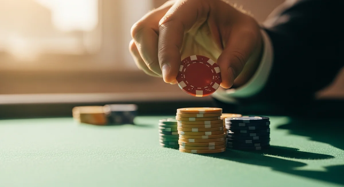 A close-up of a hand thoughtfully placing a casino chip on a stack on a felt table, symbolizing responsible gambling and setting limits.