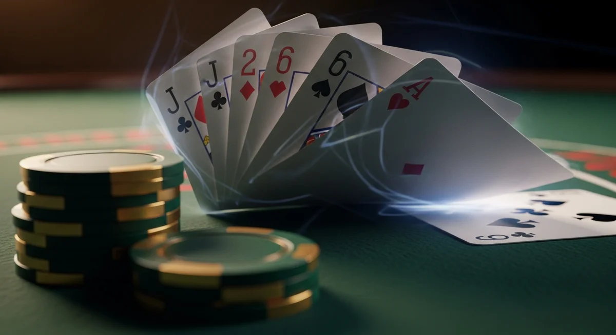 Close-up of playing cards on a blackjack table, with a stack of chips in the foreground, conveying mental calculation.