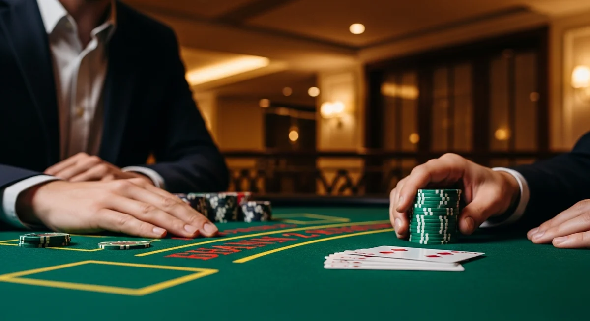 A player's hands on a blackjack table with chips and cards, in an elegant casino setting, representing the legality of strategic play.