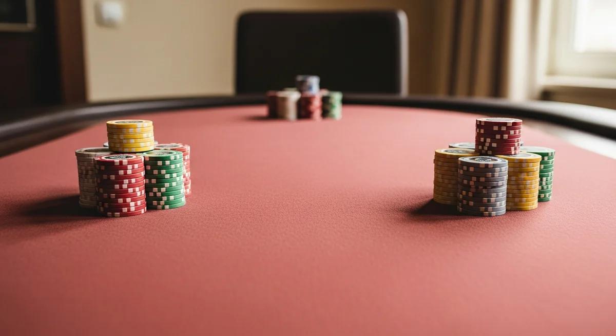 An empty poker table with chips arranged for two players, suggesting different game sizes, lit by warm daylight.
