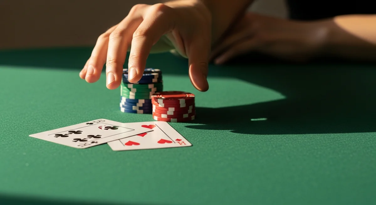 A hand hovers over poker chips and cards on a green felt table, illuminated by warm daylight.