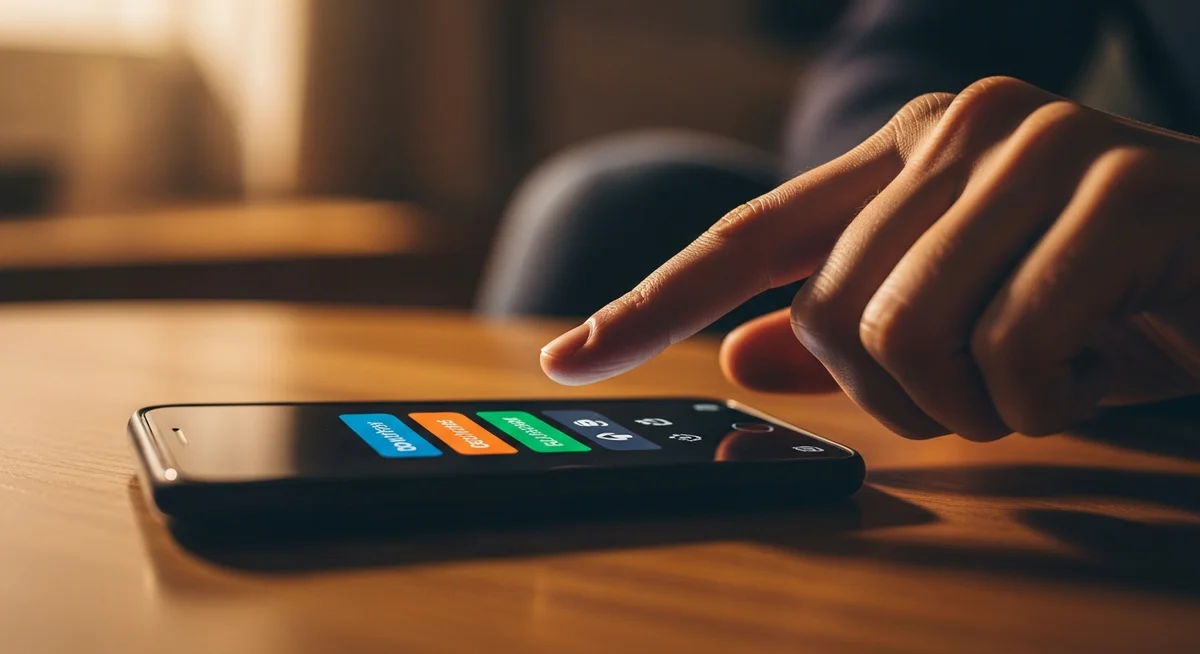 A hand interacts with a smartphone screen displaying a simplified, abstract responsible gaming dashboard, with casino chips blurred in the background.
