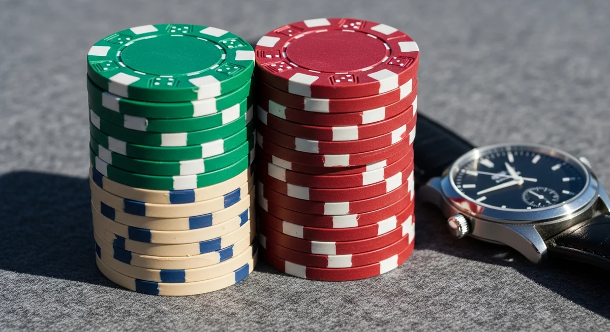 A meticulously balanced stack of warm-toned casino chips on a felt table, with an elegant wristwatch nearby, symbolizing controlled gaming.