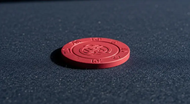 A red poker chip with an embossed spade logo rests on a dark textured surface