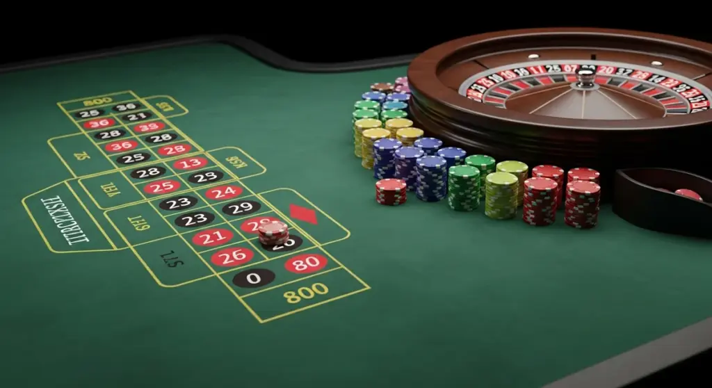 A roulette wheel and stacks of casino chips sit on a green gambling table with numbered betting squares