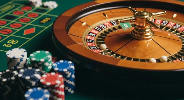 A roulette wheel and stacks of colorful gambling chips sit on a green felt table surface