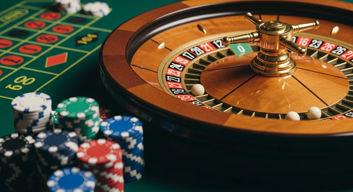 A roulette wheel and stacks of colorful gambling chips sit on a green felt table surface