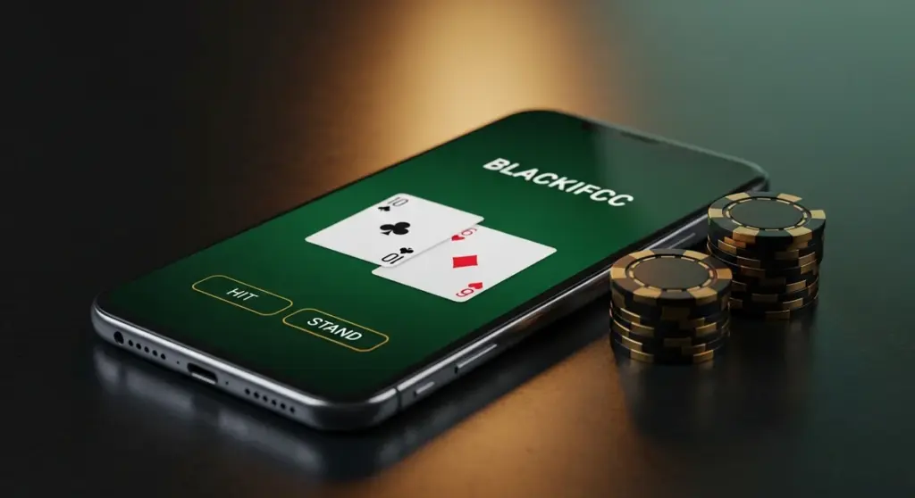 Smartphone screen showing a blackjack game with two cards, hit and stand buttons, and stacks of gold-rimmed chips