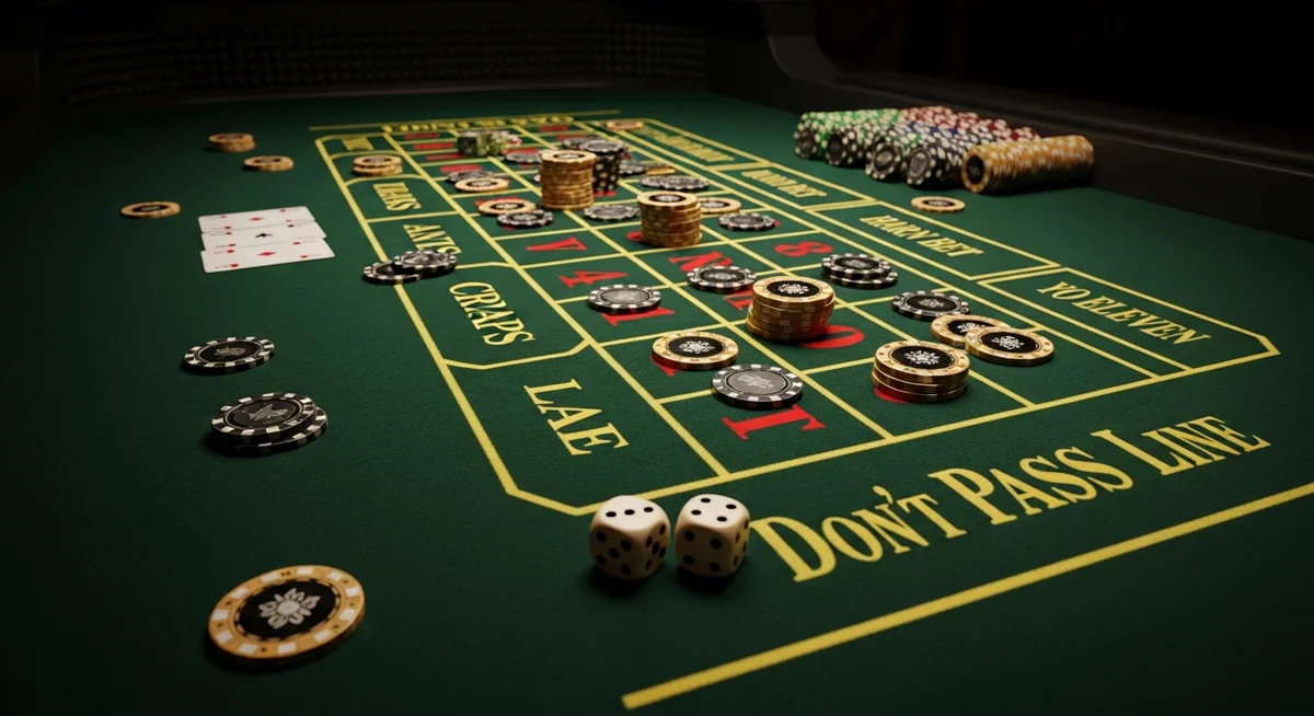 A close-up of the complex central betting area of a craps table with many scattered chips, under warm low light.
