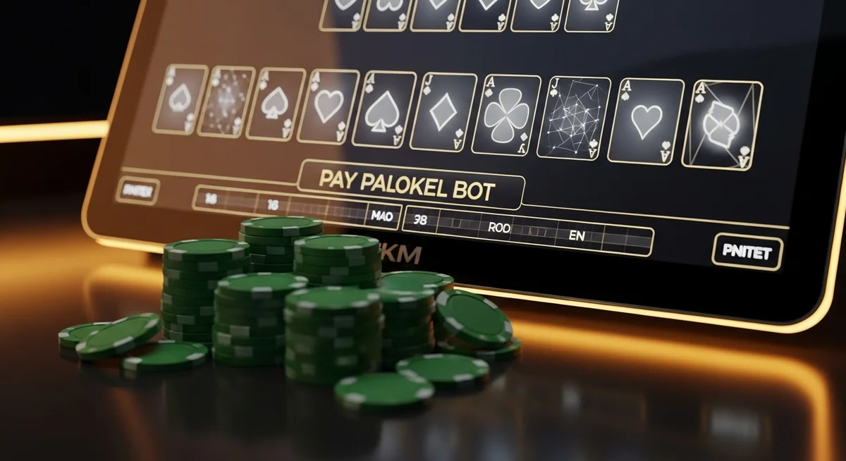 A close-up of a sleek digital video poker screen displaying abstract cards and virtual chips, in a modern, low-lit setting.