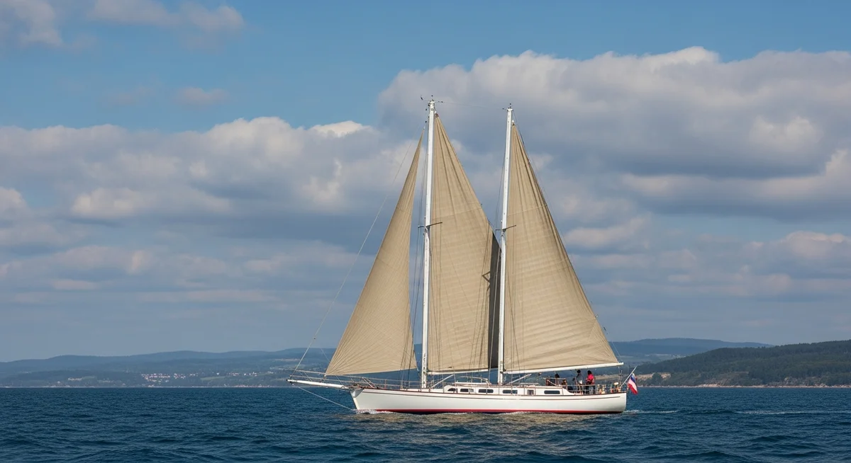 A two-masted schooner with tan sails sailing on the ocean under a blue sky with clouds
