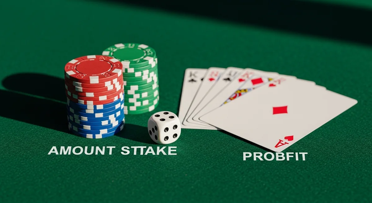 A close-up view of neatly stacked casino chips, fanned playing cards, and a single die on a dark green felt table, representing the variables in a betting calculation.
