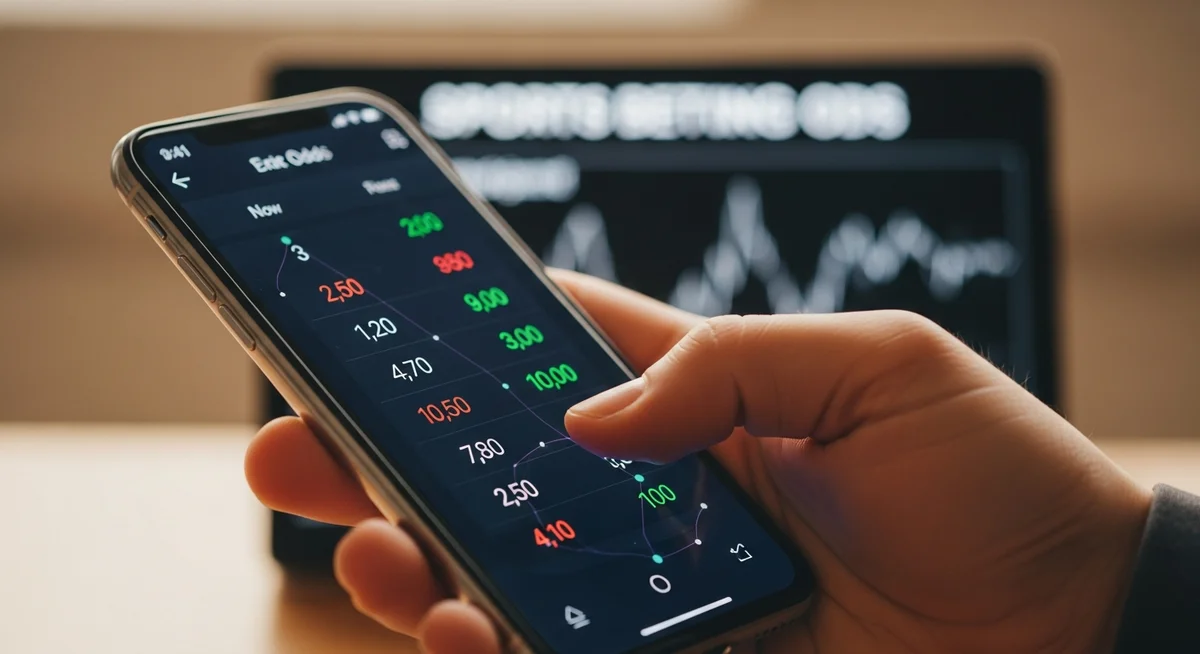 An anonymous hand holding a smartphone displaying an abstract sports betting app with dynamic odds, against a softly blurred background of a digital odds board.