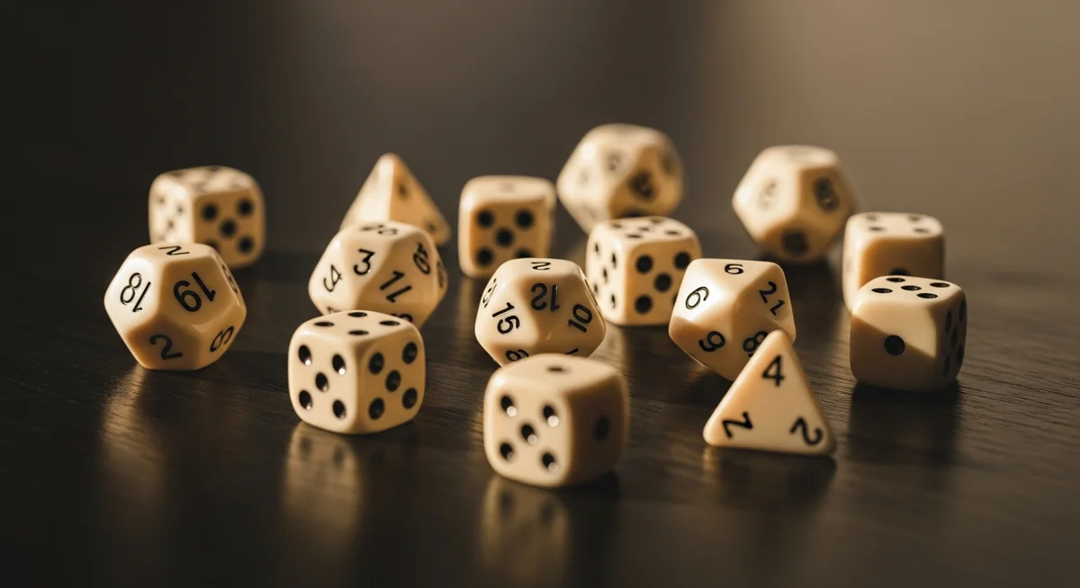 Scattered ivory dice on a dark, reflective surface, showing various numbers, illustrating the concept of statistical variance in betting.