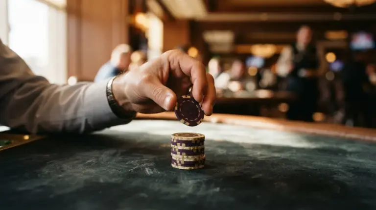 A hand placing a purple poker chip onto a stack on a dark gaming table in a blurred casino