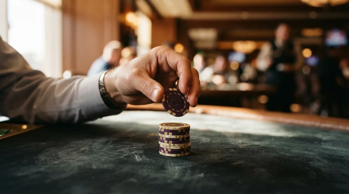 A hand placing a purple poker chip onto a stack on a dark gaming table in a blurred casino