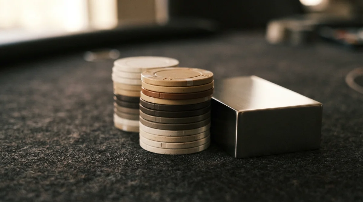 Close-up of a neat stack of natural-toned casino chips resting on dark, richly textured felt, beside a sleek, minimalist