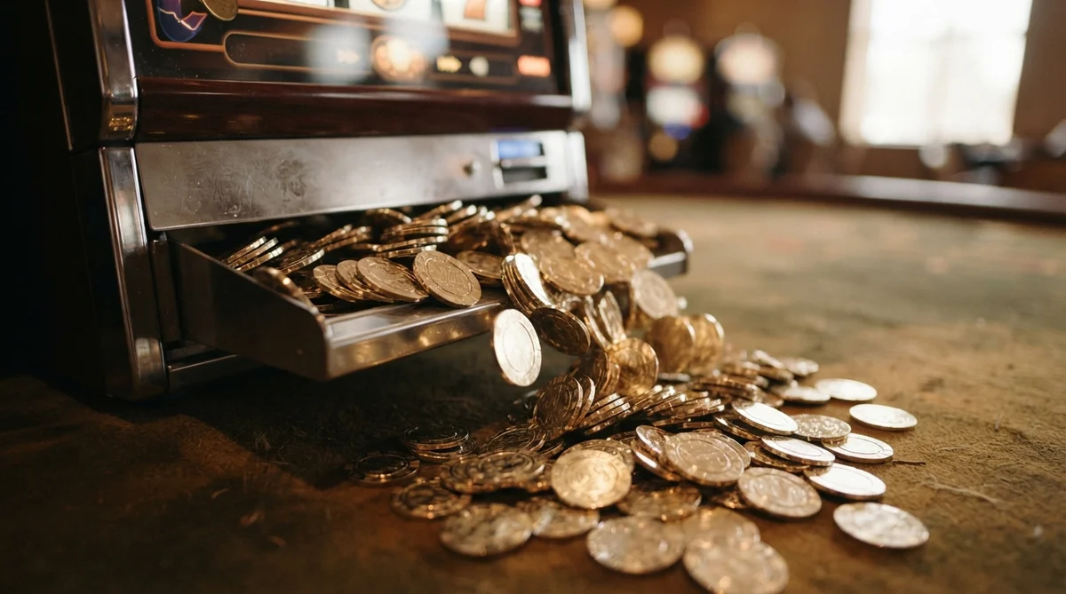 A slot machine overflowing with gold coins onto a surface in a dimly lit room
