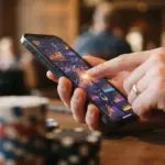 A person uses a smartphone displaying colorful financial data graphs next to stacks of poker chips on a table