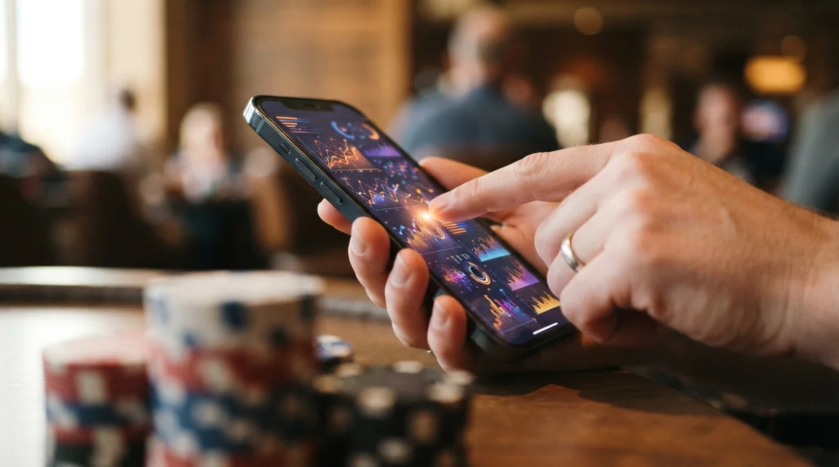 A person uses a smartphone displaying colorful financial data graphs next to stacks of poker chips on a table
