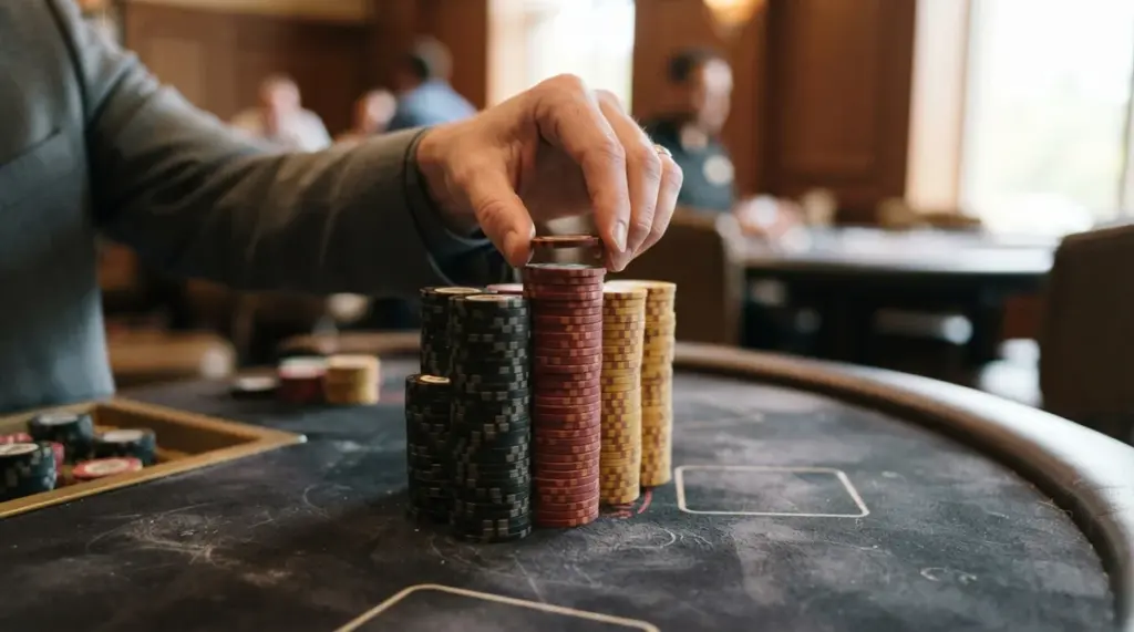 A precisely stacked column of casino chips on a clean, dark felt table, a hand carefully adjusting the top chip