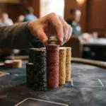 A precisely stacked column of casino chips on a clean, dark felt table, a hand carefully adjusting the top chip