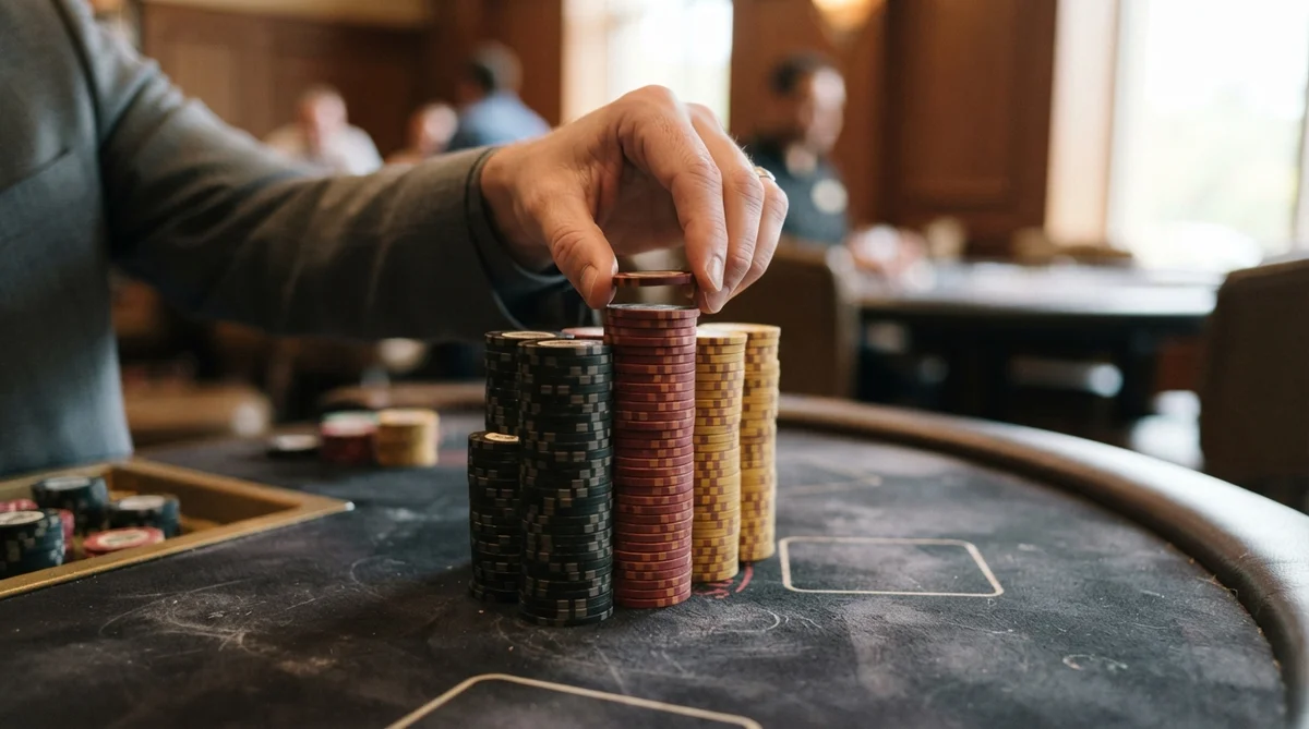 A precisely stacked column of casino chips on a clean, dark felt table, a hand carefully adjusting the top chip