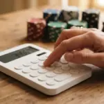 A close-up of a hand precisely pressing buttons on a sleek, minimalist calculator, centered