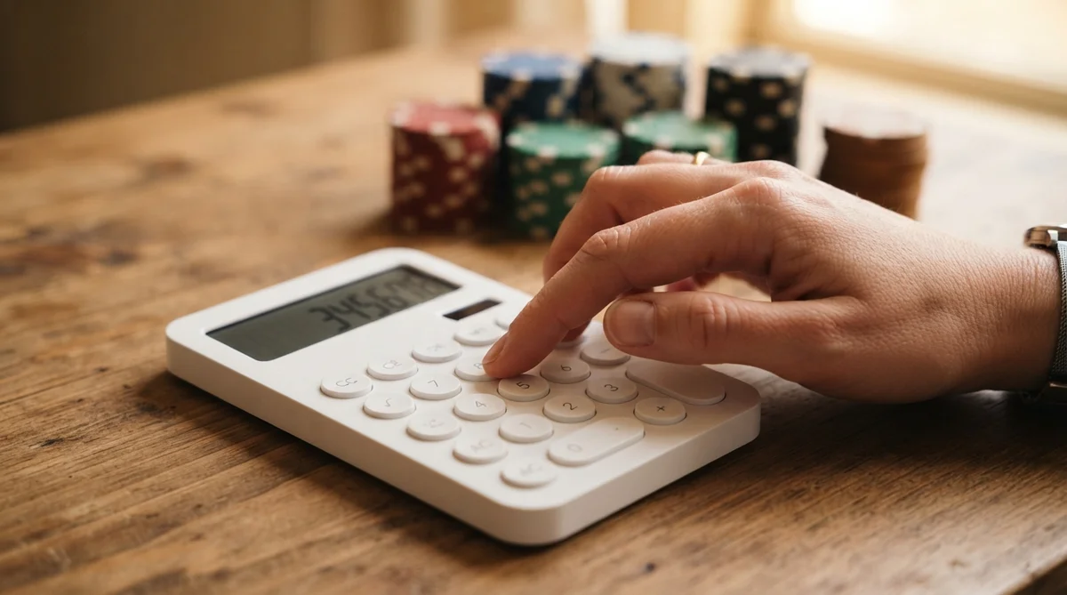 A close-up of a hand precisely pressing buttons on a sleek, minimalist calculator, centered