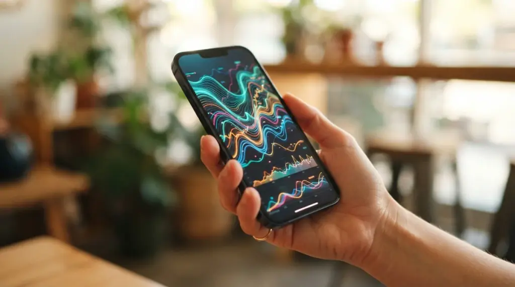 Close-up of a hand gently holding a smartphone, its screen displaying an abstract