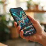 Close-up of a hand gently holding a smartphone, its screen displaying an abstract