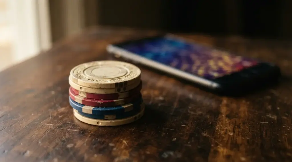 A tightly composed close-up of a stack of elegant casino chips on a rich, dark wooden surface, illuminated by warm