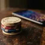 A tightly composed close-up of a stack of elegant casino chips on a rich, dark wooden surface, illuminated by warm